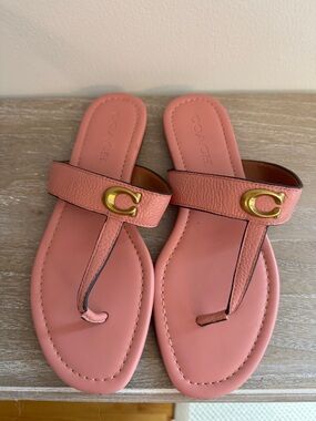 Coach Coral Pink Leather Thong Sandals with Gold C Accent